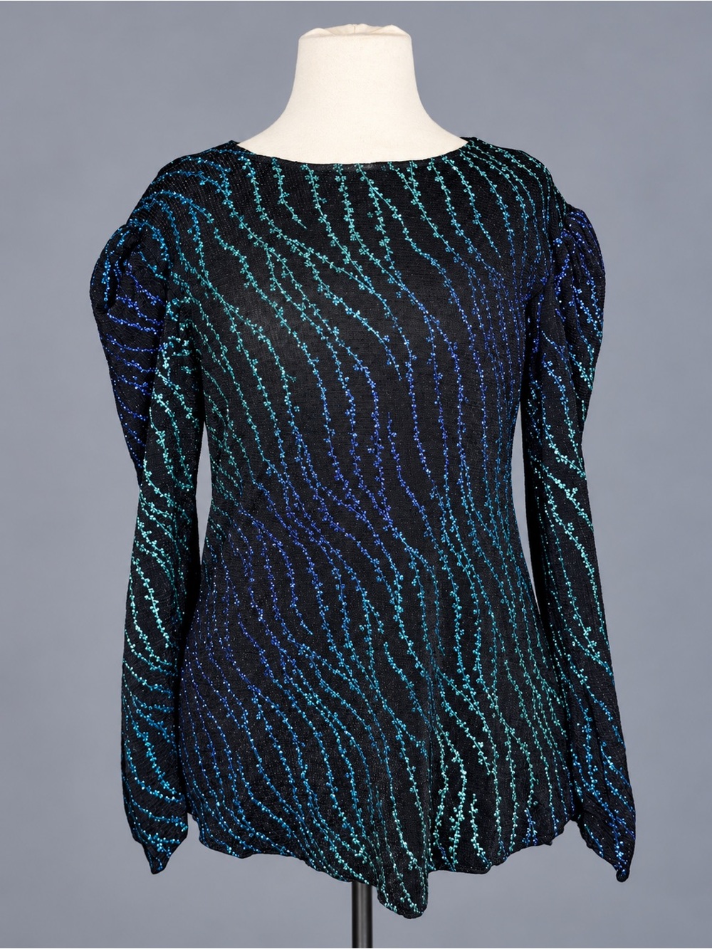 Black Metallic Blue Teal Sparkle Puff Sleeve Blouse Top Women’s Size Large